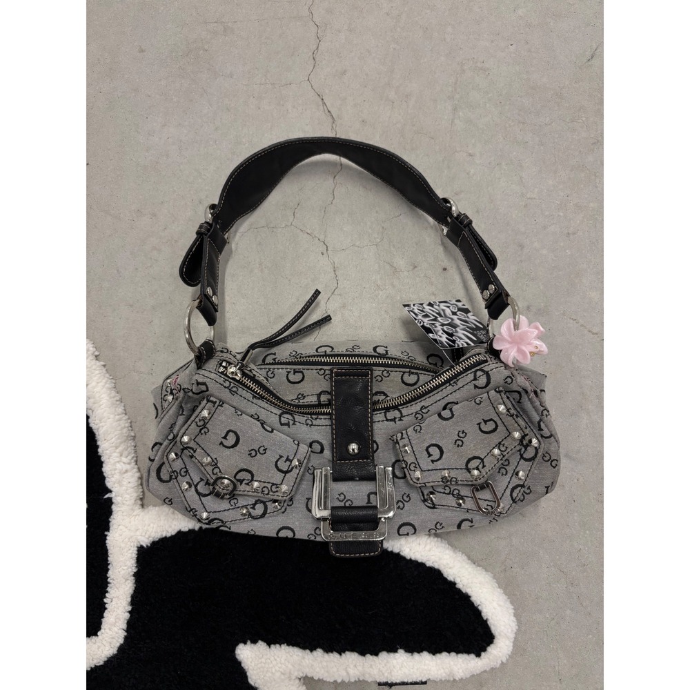 Guess Vintage Monogram Logo Denim Shoulder Bag Grey Black Studded Y2K Buckle